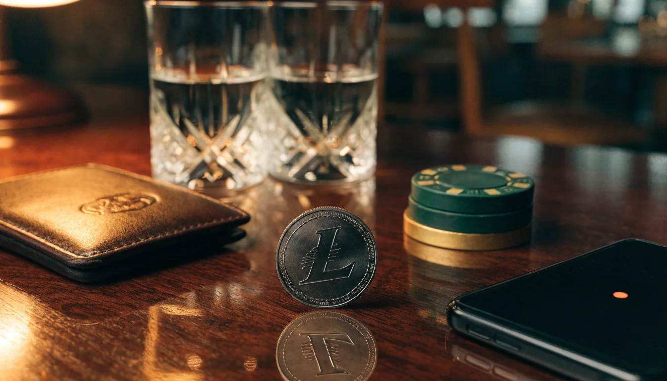 Litecoin coin on a mahogany desk with casino chips and a face-down smartphone
