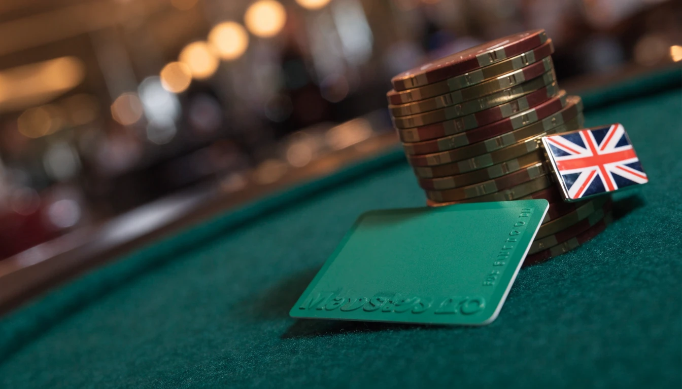 Maestro-style debit card on green casino felt with chips and British flag pin