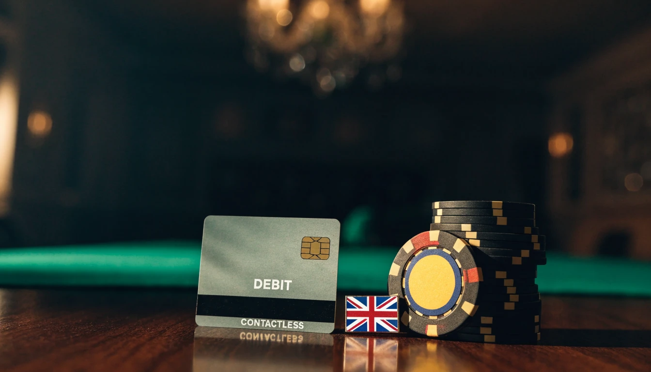 Mastercard debit card with casino chips and a UK flag on green felt