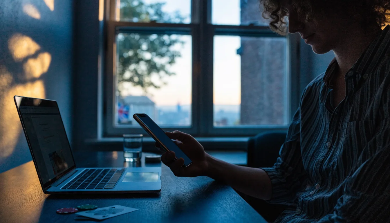 Person at desk in UK home with smartphone, laptop, and casino chips nearby