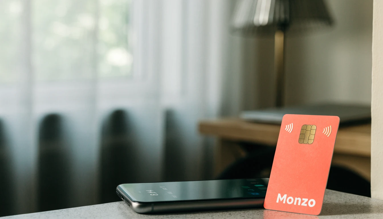 Monzo bank card beside a smartphone in a modern UK home setting
