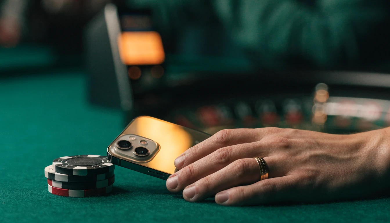 Hand holding a smartphone near contactless payment terminal on a green casino table with chips and roulette wheel
