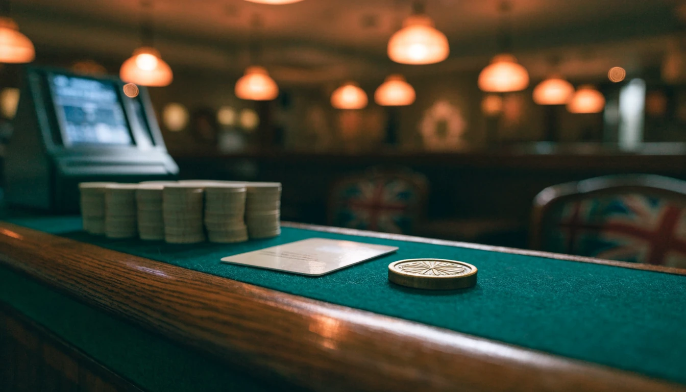 Casino cashier counter with chips and a prepaid voucher in warm UK lighting