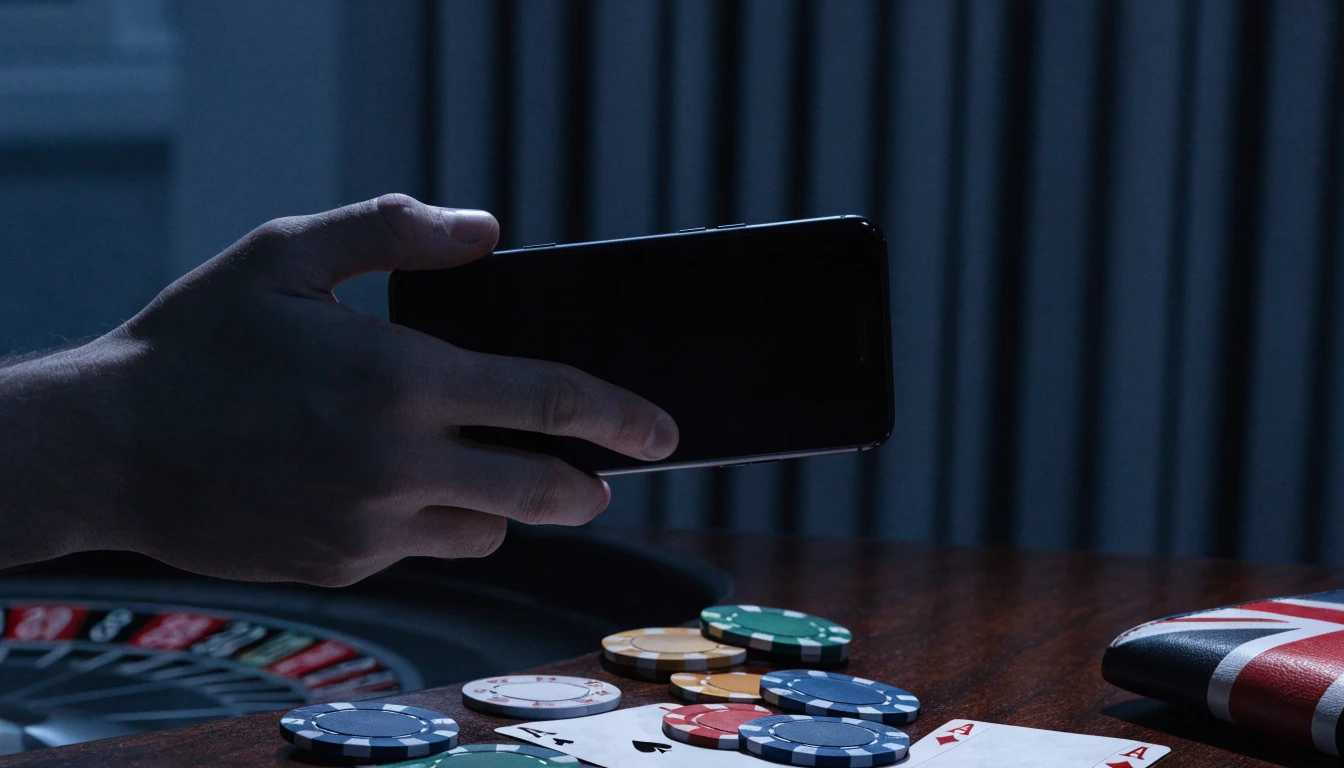 UK mobile phone payment theme with casino chips and roulette on a table.