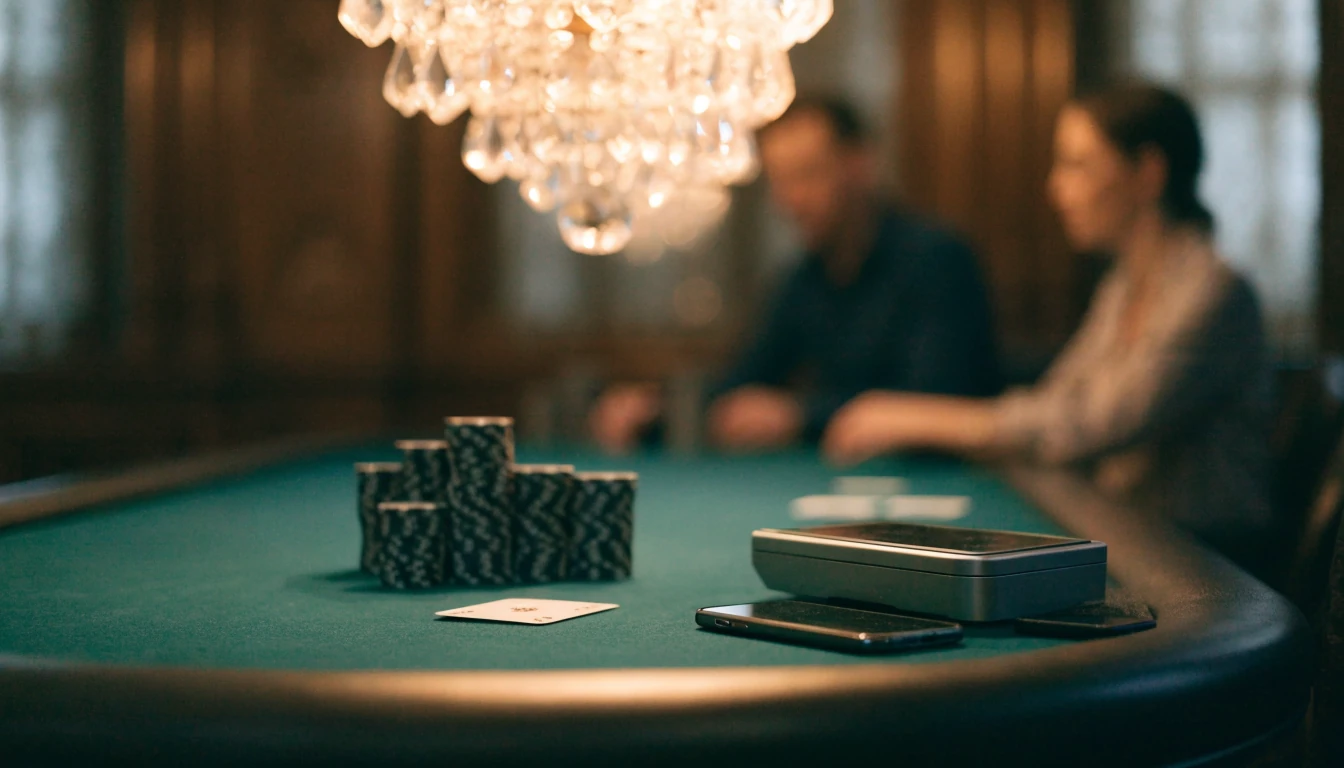 UK casino table with chips, a face-down card and a face-down smartphone near a payment terminal.