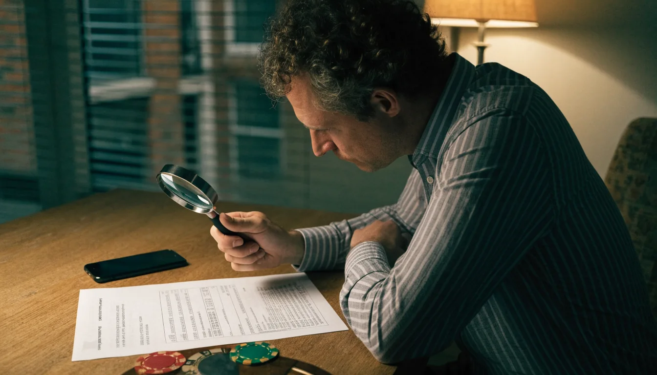 Person scrutinising outdated payment information on a desk with chips