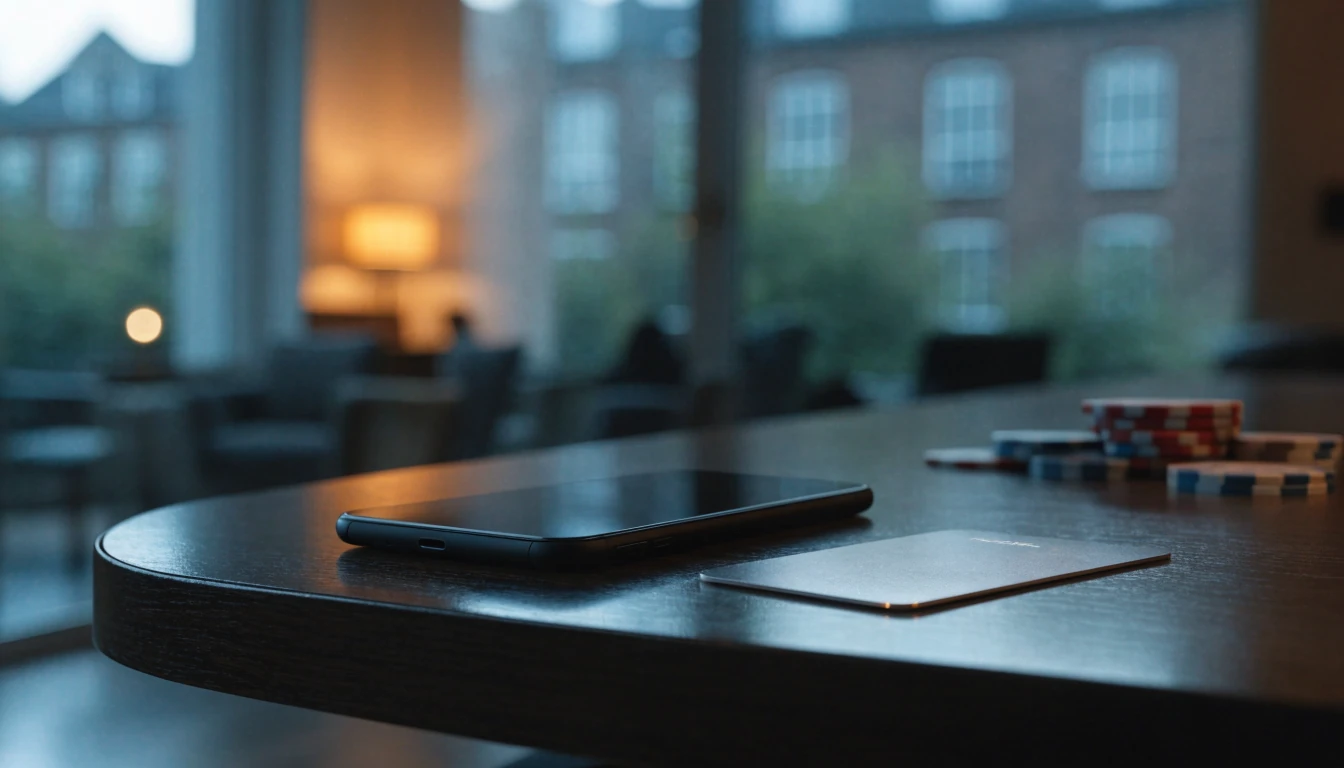 Smartphone, premium payment card and poker chips on a table at dusk