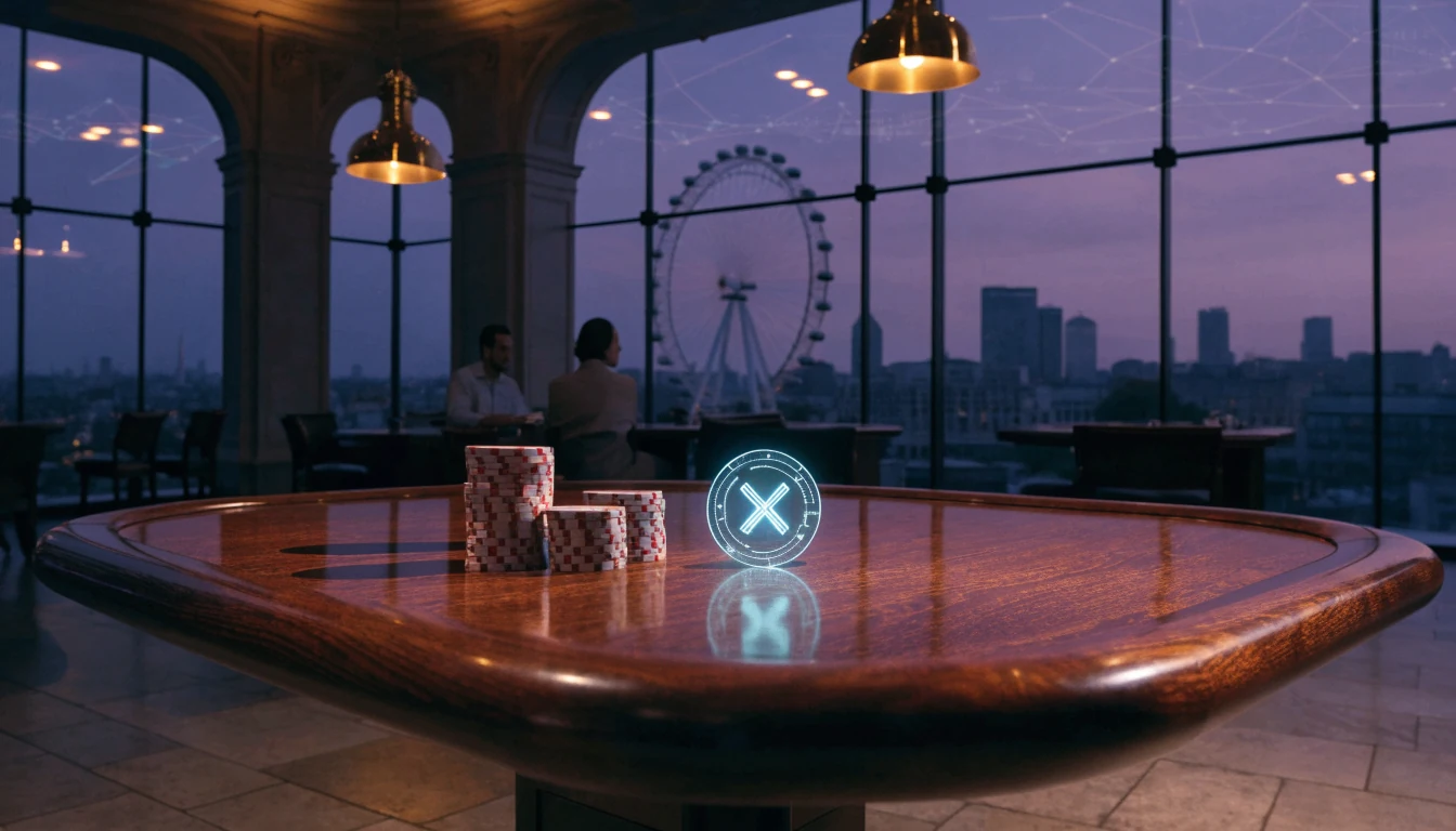 Stylized holographic XRP coin on casino table with London skyline at dusk