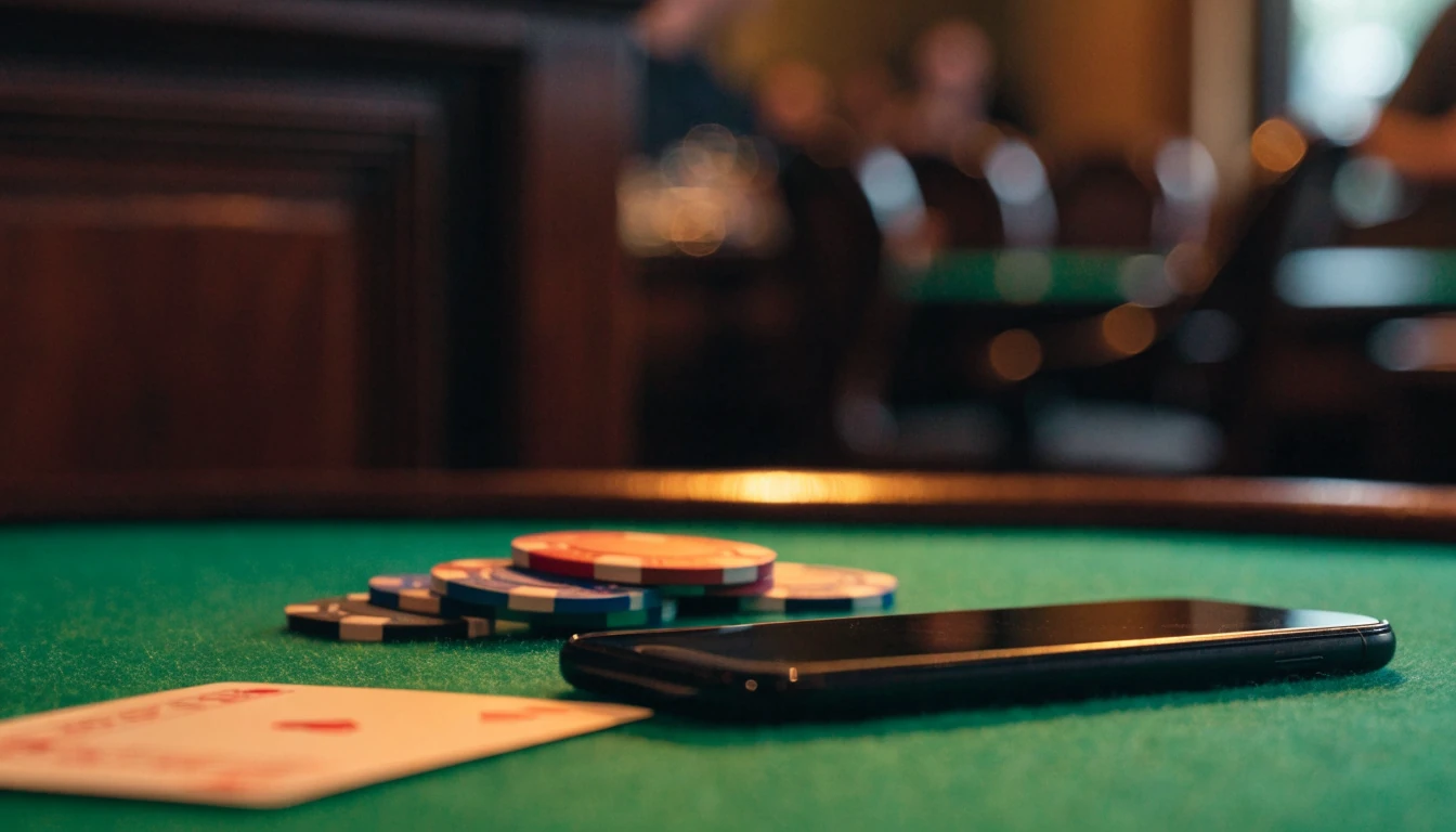Smartphone on a casino table with poker chips and a playing card