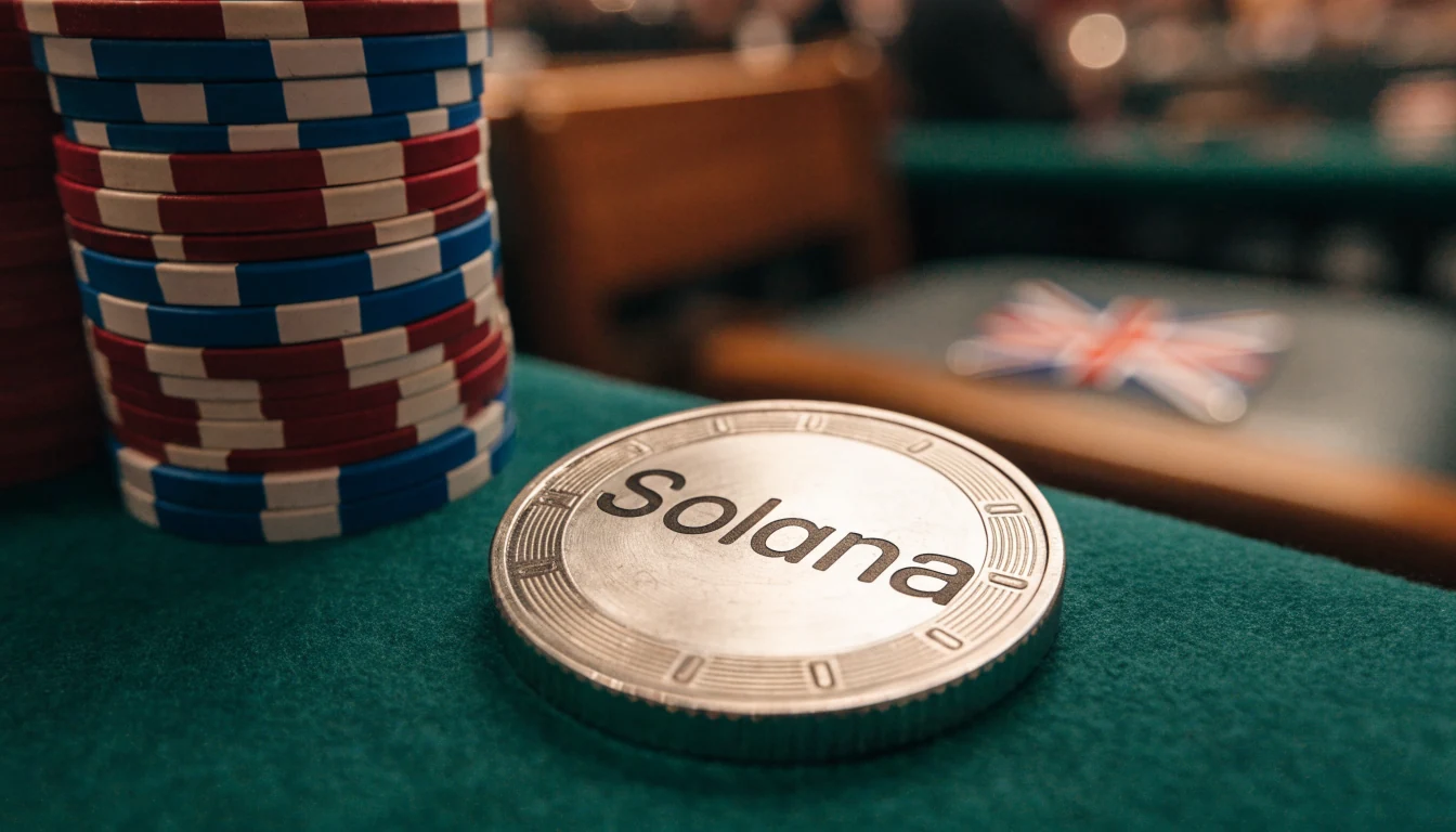 Solana cryptocurrency coin on a casino table with chips and UK flag