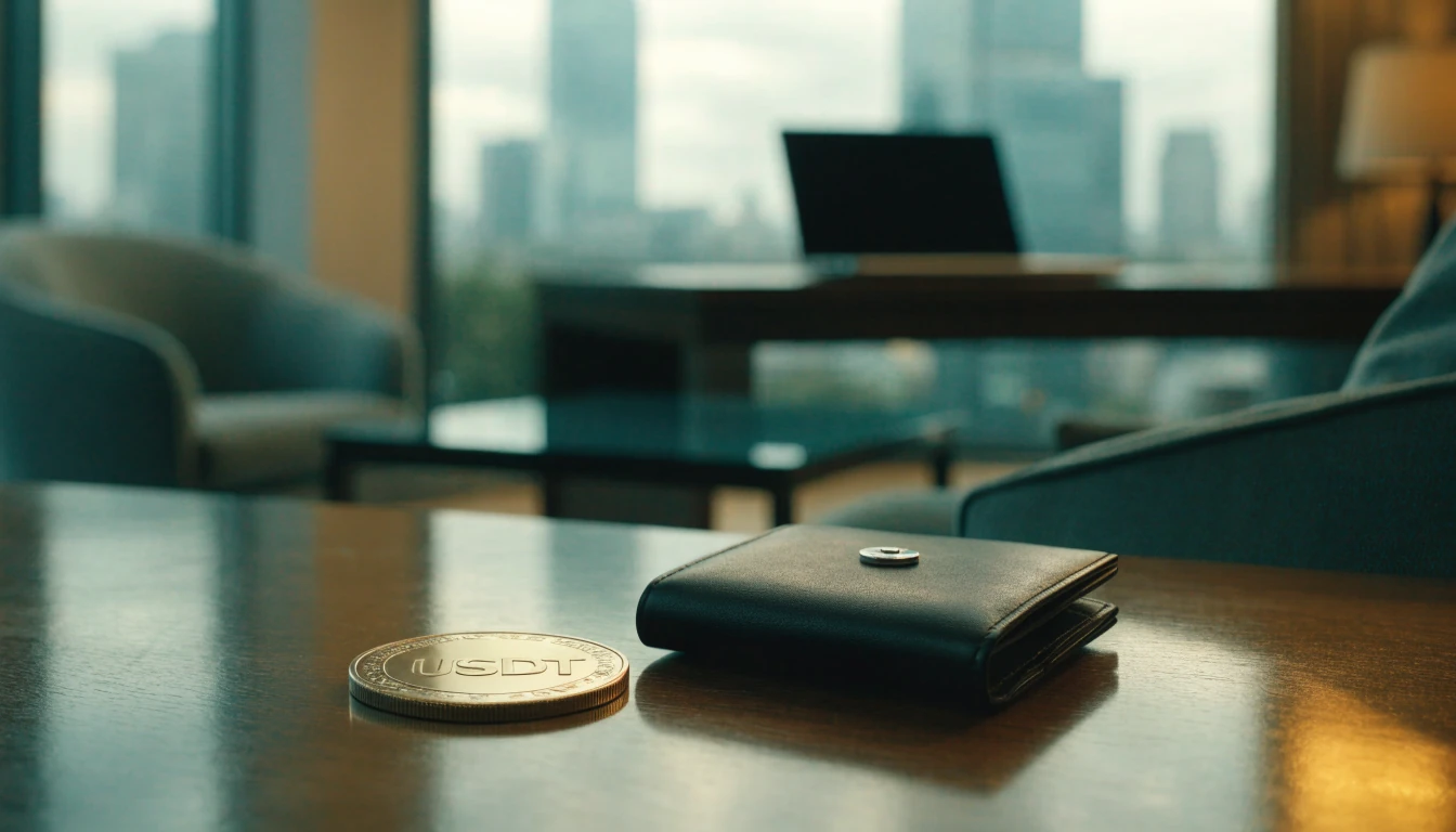 Closed wallet with Tether coin on a polished table near a laptop in a London-style lounge