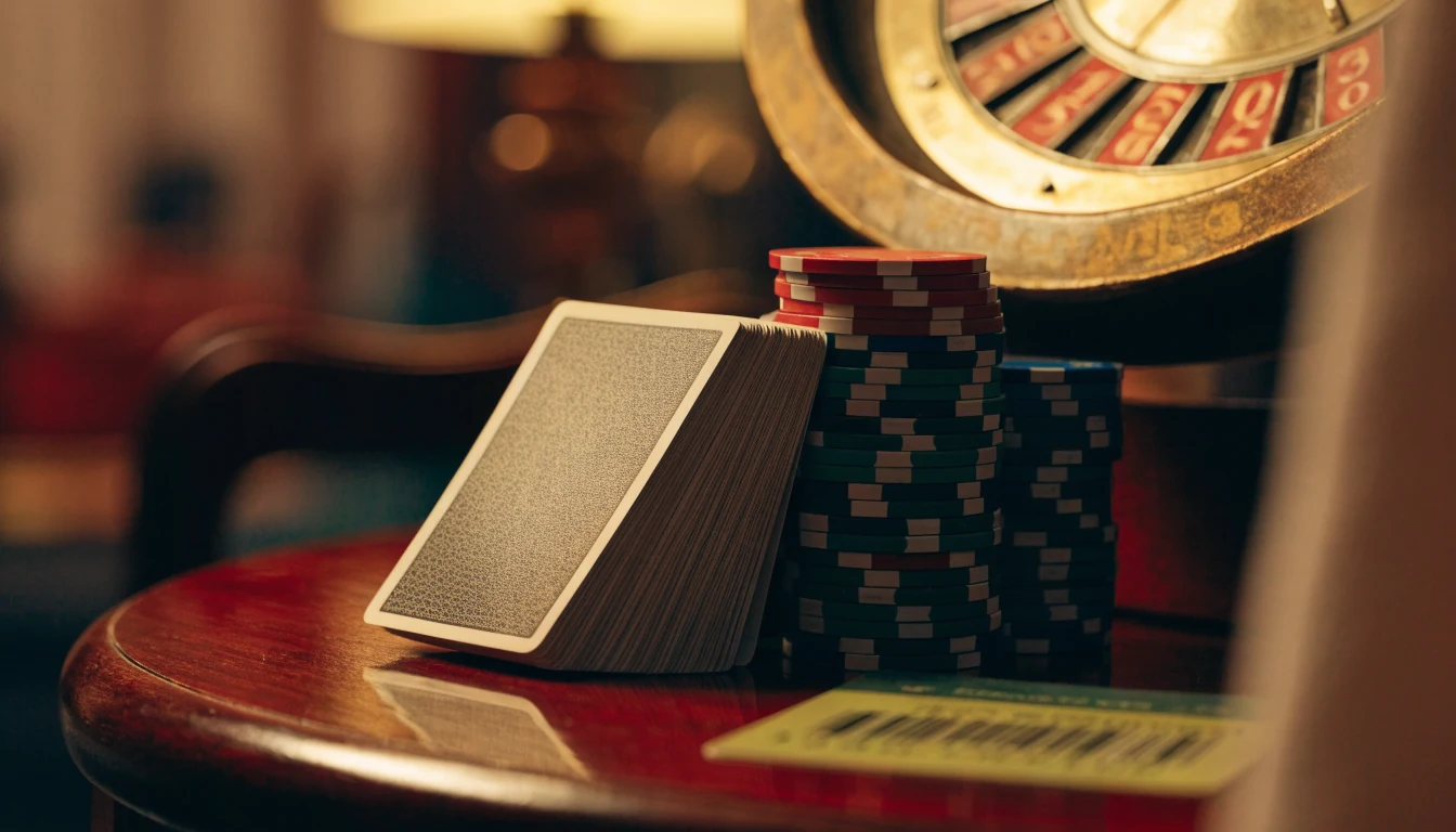 Casino chips, playing cards, roulette wheel, and a prepaid voucher on a wooden table in a British casino setting.