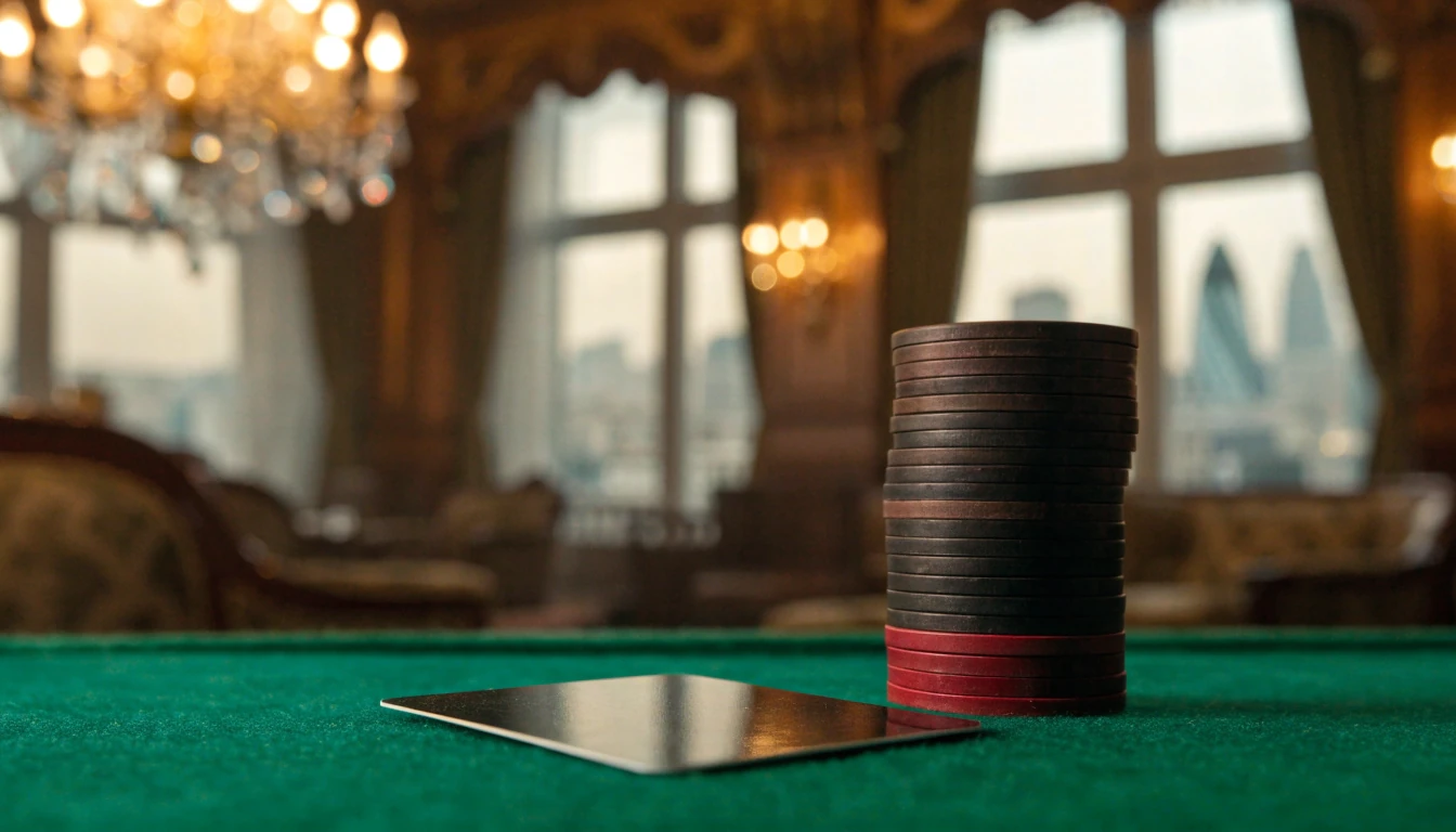 Generic payment card on green casino felt with stacked chips in an elegant UK casino interior.