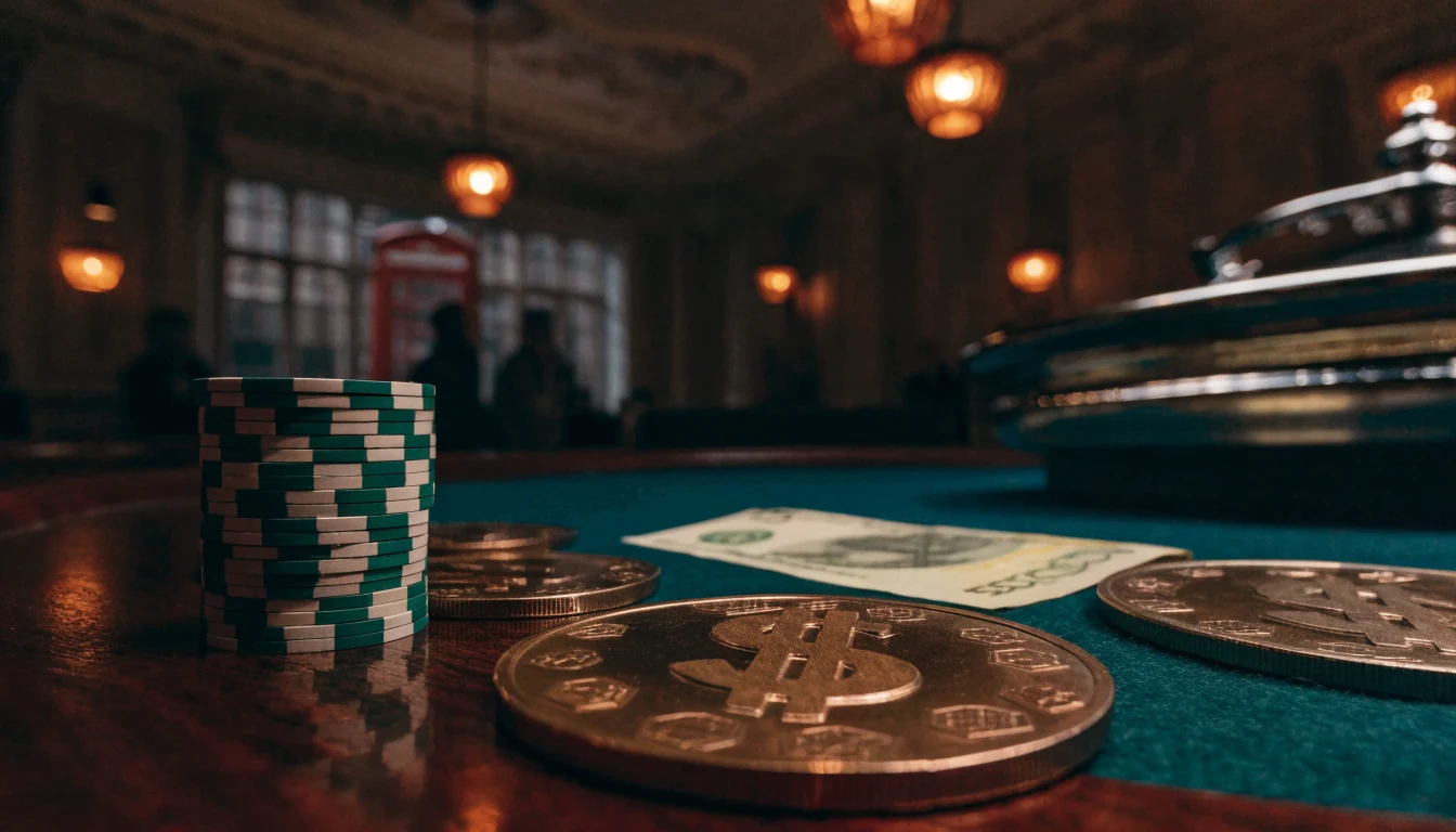 London casino table with chips, roulette wheel and crypto coins under amber lamps.