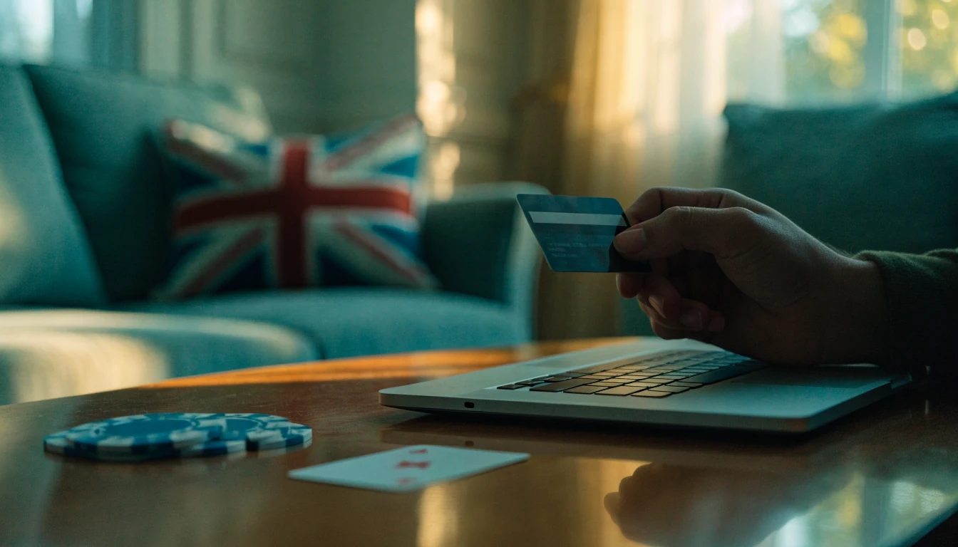 Hand holding a credit card near a laptop with casino chips on a table, UK home setting