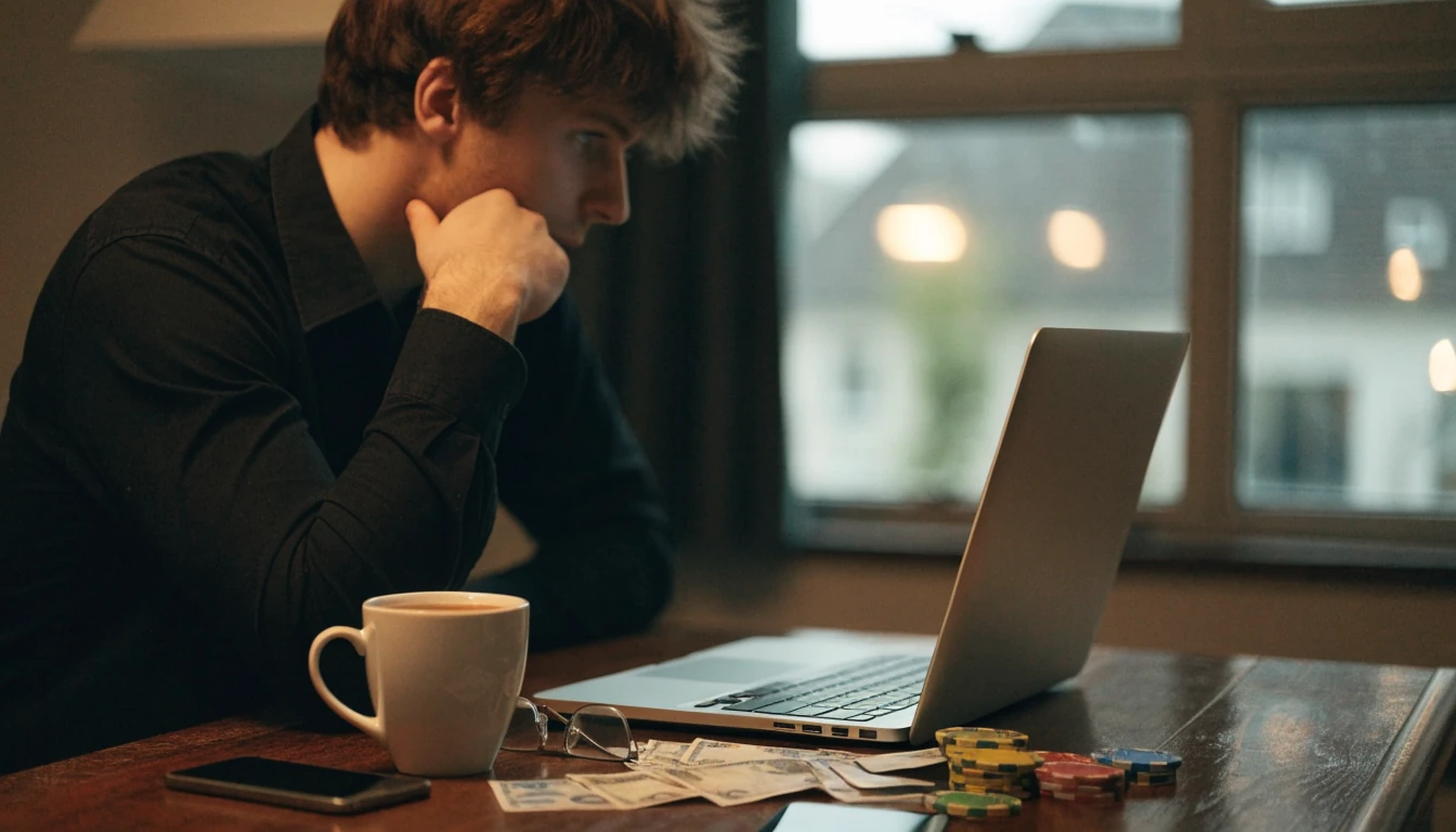 British player at desk considering online casino payment methods, tea and pound notes nearby