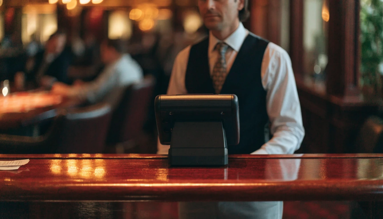 Elegant cashier booth interior at a London casino with payment terminal on wooden counter