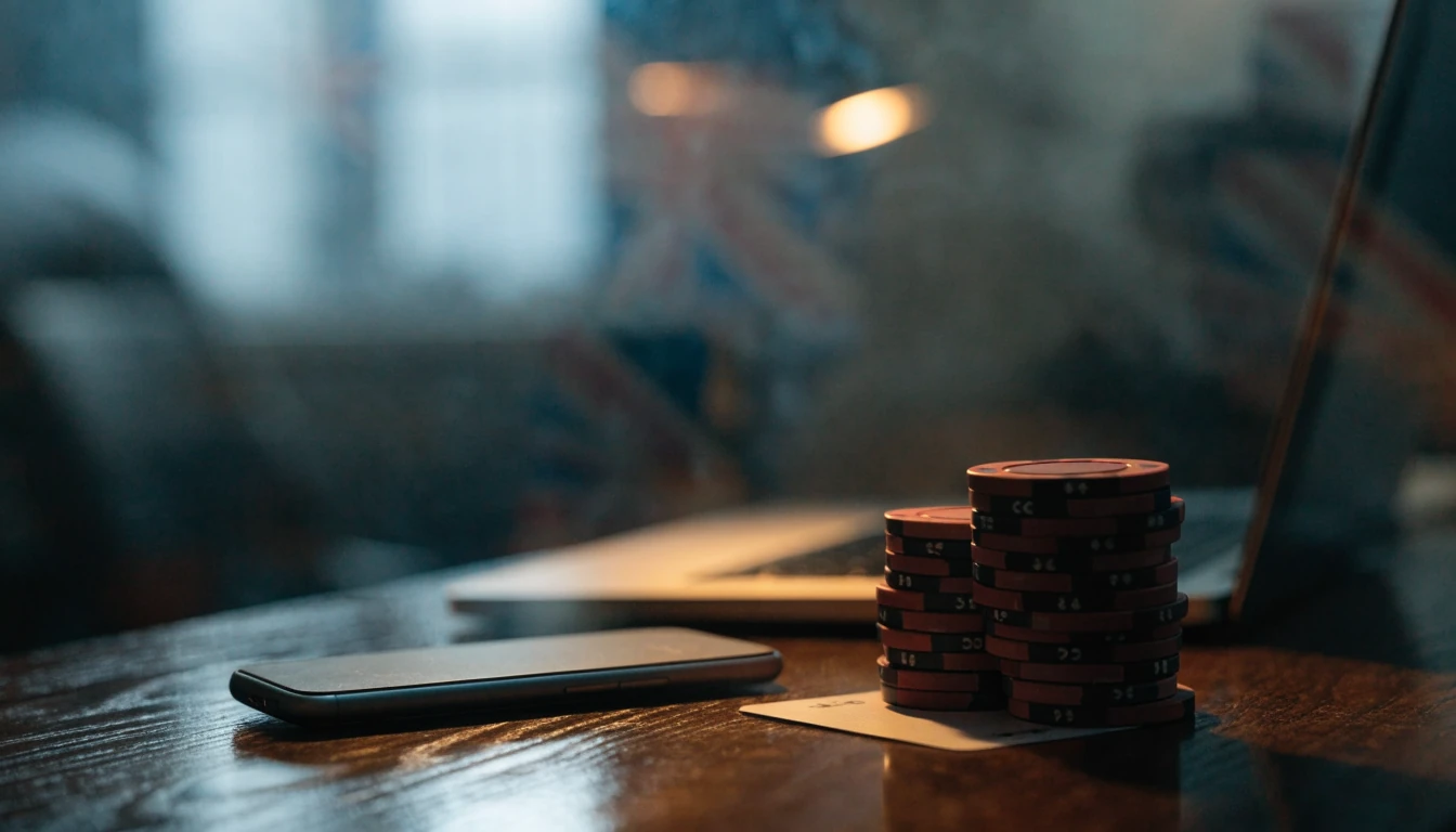 Casino chips and a smartphone on a desk beside a laptop with hidden screen