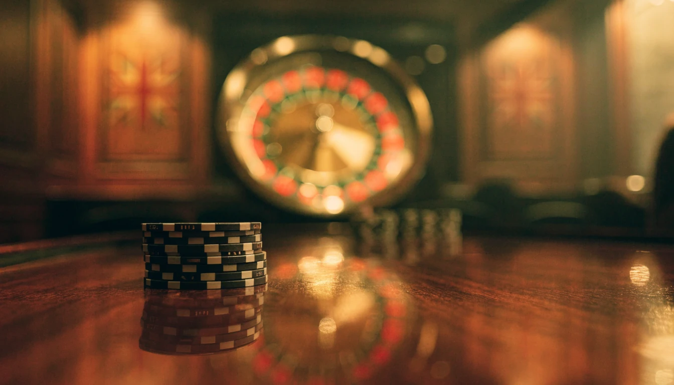 Elegant London casino lounge with roulette wheel and stacked chips