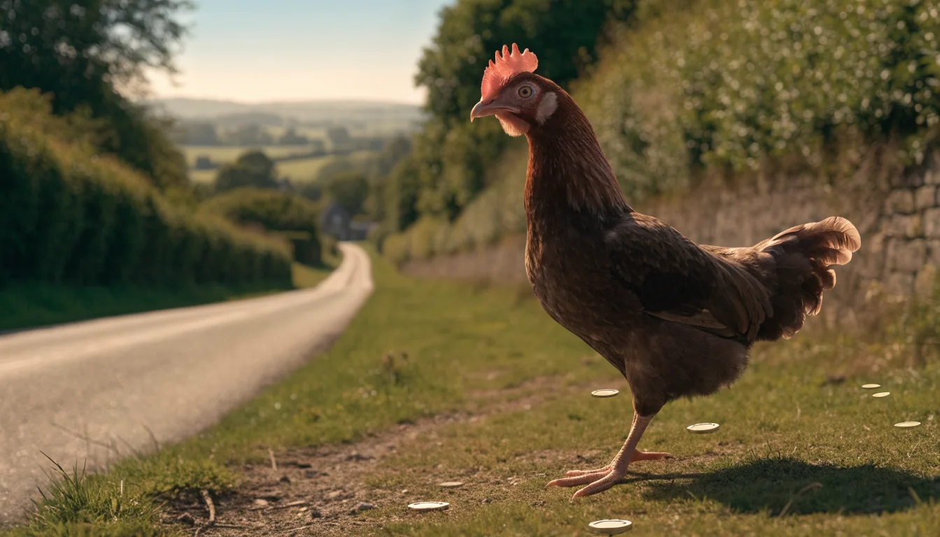 A chicken at the edge of a British countryside road with scattered golden casino chips
