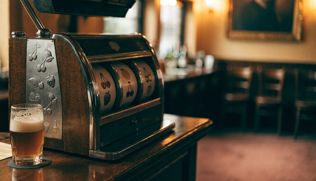 Vintage mechanical slot machine in a traditional British pub with warm amber lighting
