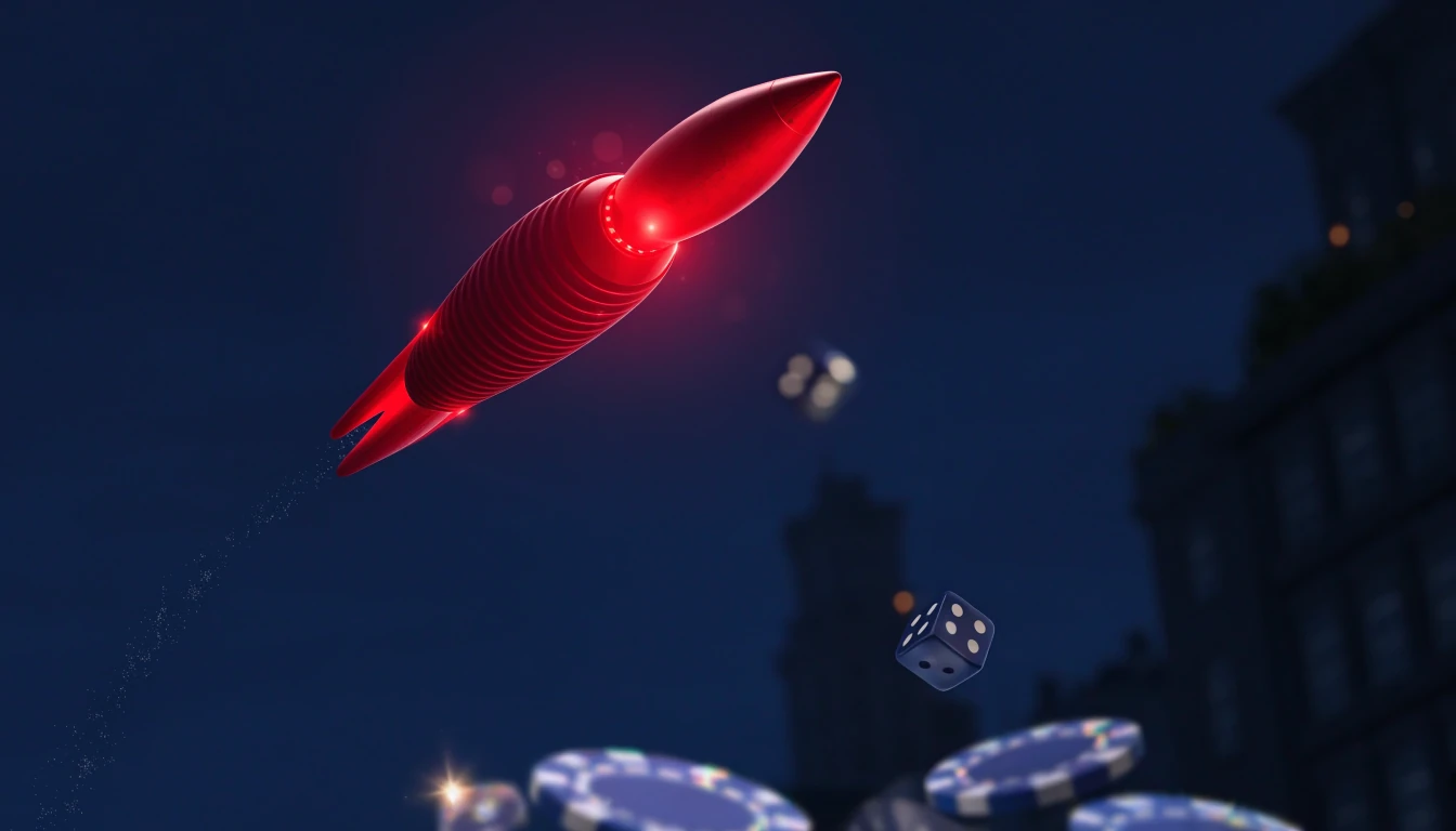 Stylized ascending rocket with floating casino chips on dark background