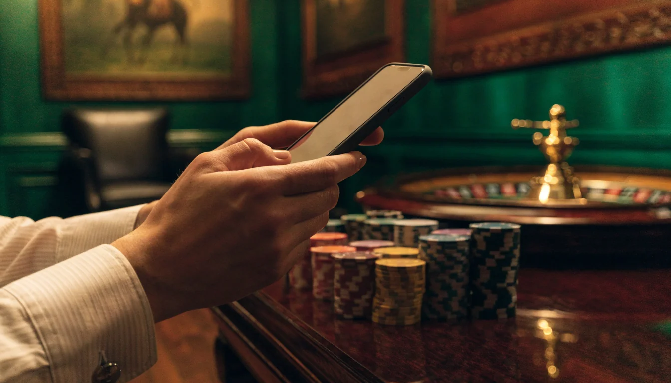 British club-style scene with casino chips, a roulette wheel, and a person reviewing on a blank-screen smartphone