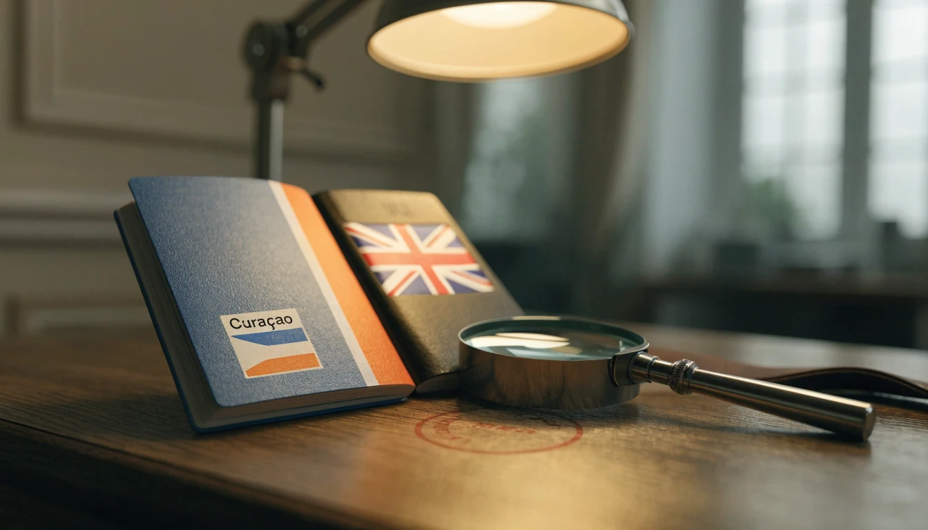 Two passports representing Curaçao and UK jurisdictions on a desk with a magnifying glass