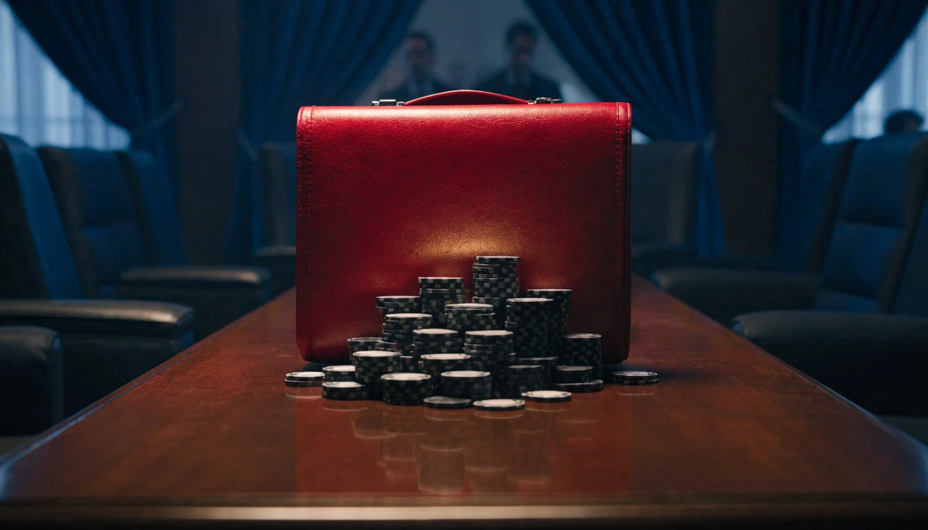 Glowing red briefcase on a casino table surrounded by chips
