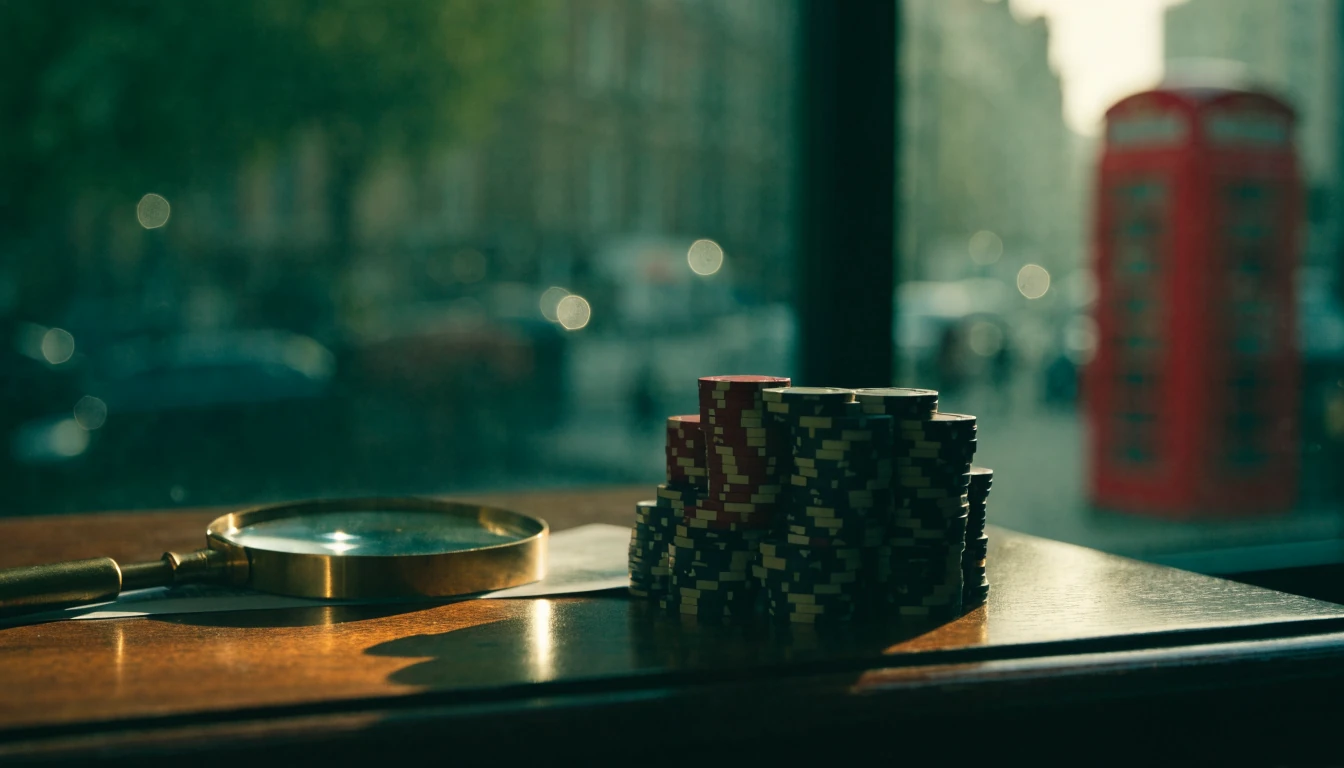 Stack of premium casino chips and magnifying glass on a mahogany table in a London setting