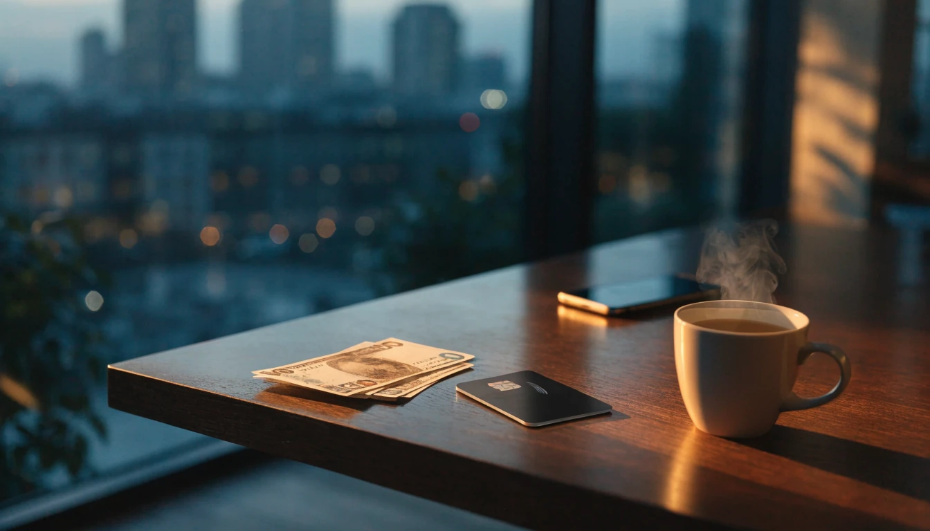 Stack of British pound banknotes, contactless card, and face-down smartphone on a wooden table in a London apartment.