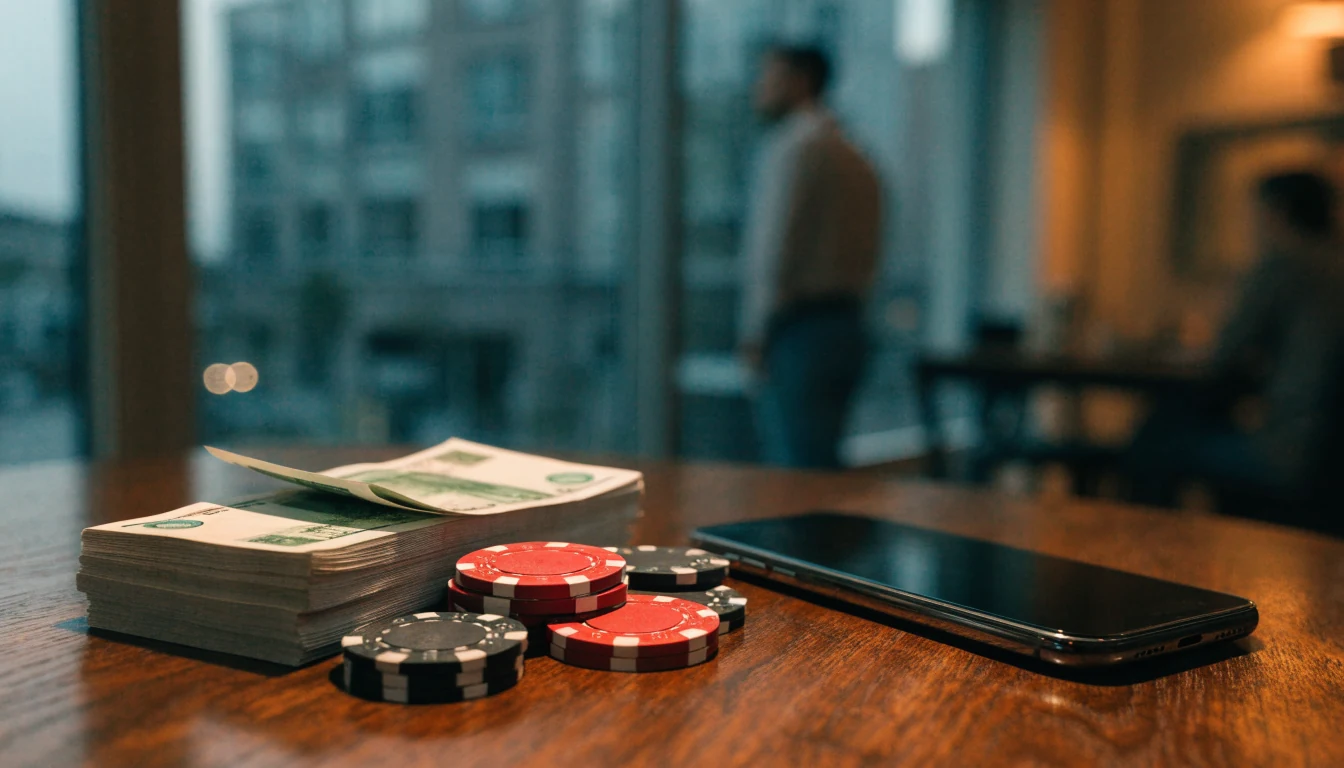 Smartphone, British pounds, and casino chips on a table suggesting fast payout.