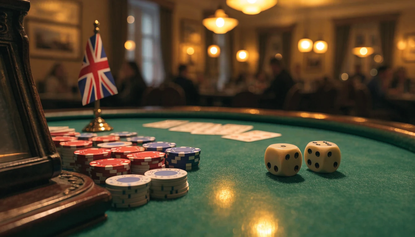 Casino table with stacked poker chips, dice, and a small Union Jack in warm amber British lighting
