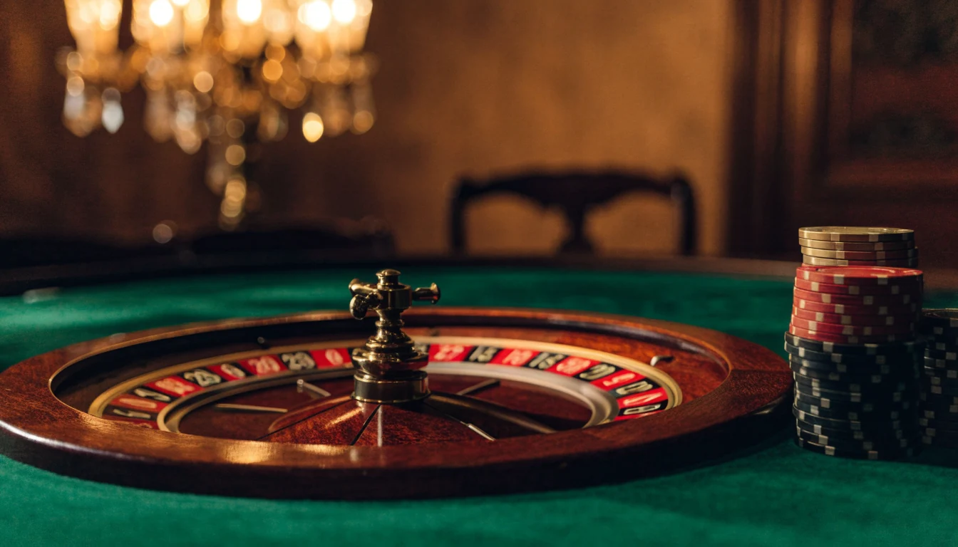 French roulette wheel on a casino table with stacked chips