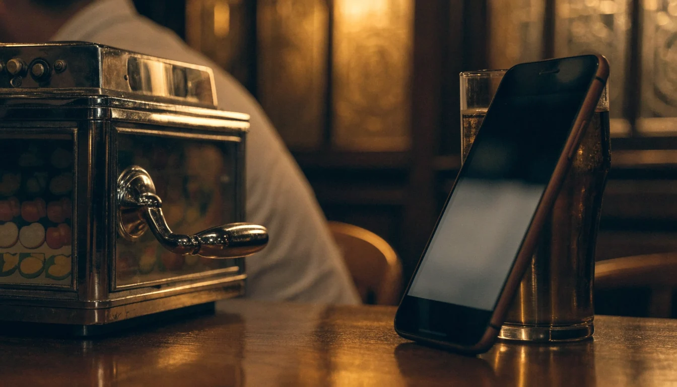 Vintage pub fruit machine next to smartphone on a British pub counter