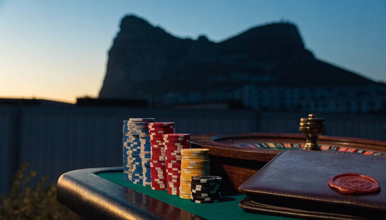 Rock of Gibraltar at twilight with casino table, chips, and roulette wheel in foreground