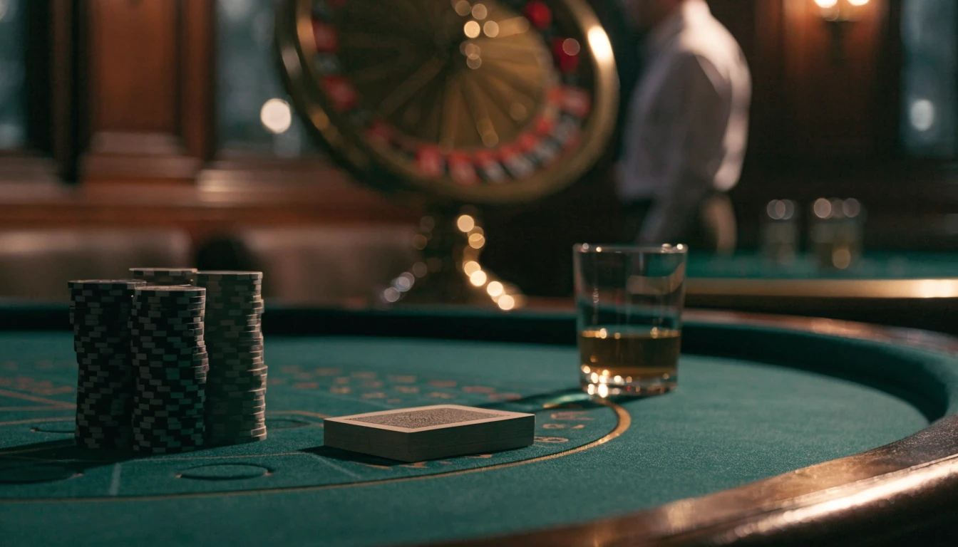 British casino card table with chips and roulette wheel in warm lighting.