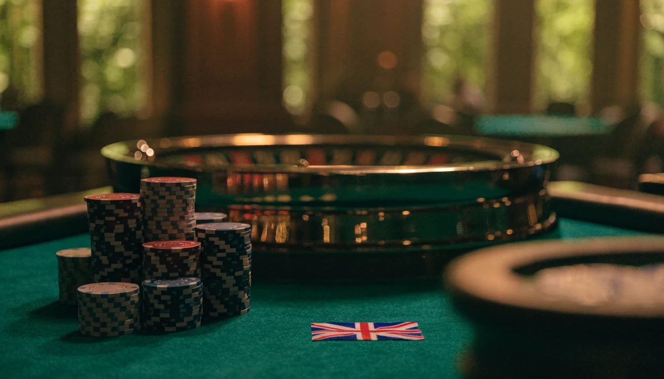 Casino table with chips and roulette wheel, UK setting