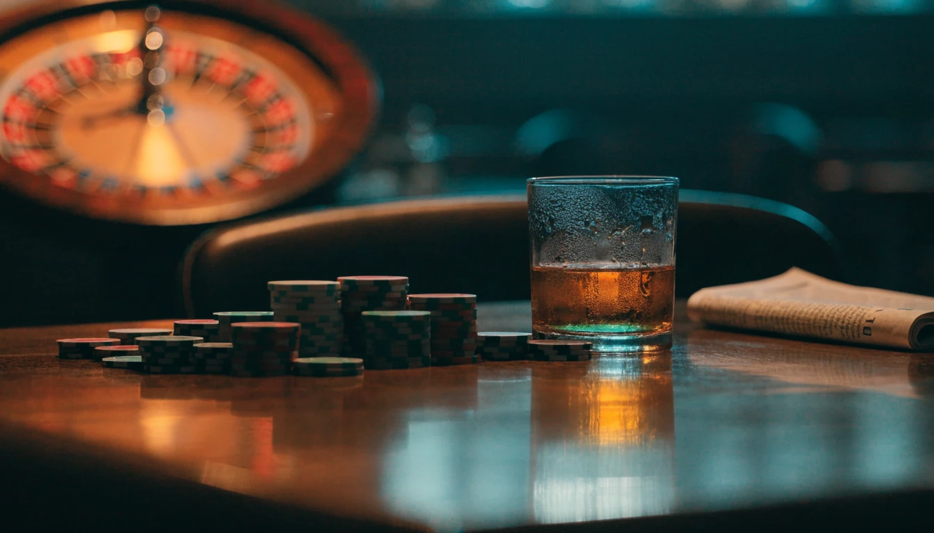 British casino lounge with chips, roulette wheel, whiskey and newspaper on a wooden table