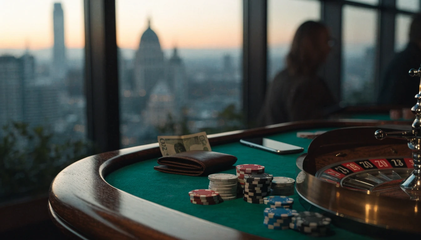 Casino table with poker chips, roulette wheel, British pounds in a wallet, and London skyline at dusk.