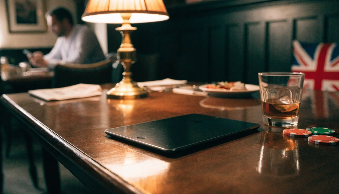 iPad resting face-down on a pub table beside poker chips and whisky.