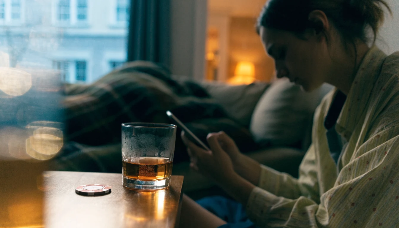 Person with smartphone, casino chip and whisky in a cozy UK living room