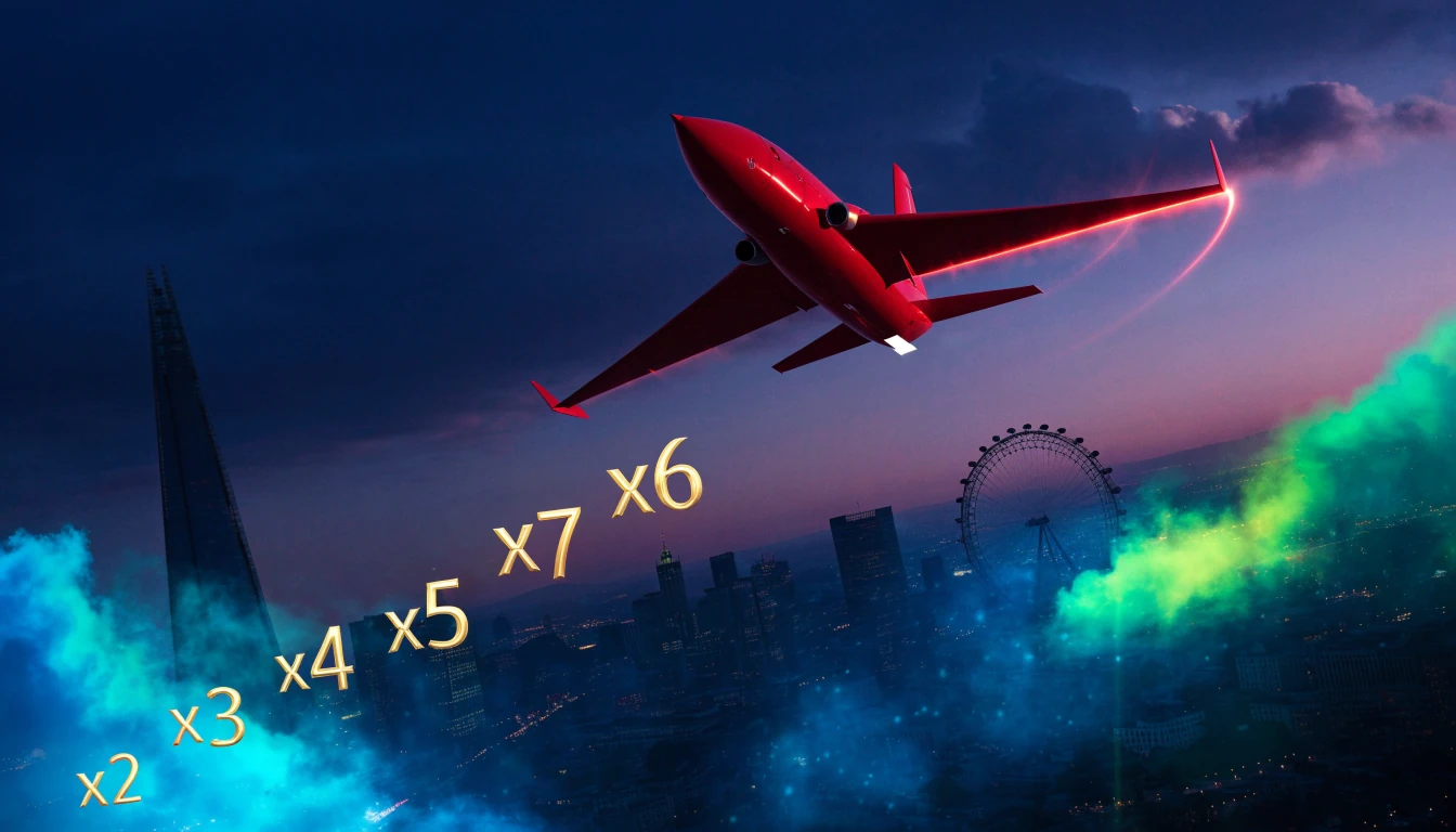 Red jet aircraft flying upward through neon clouds above London skyline, symbolizing a crash-style casino game.