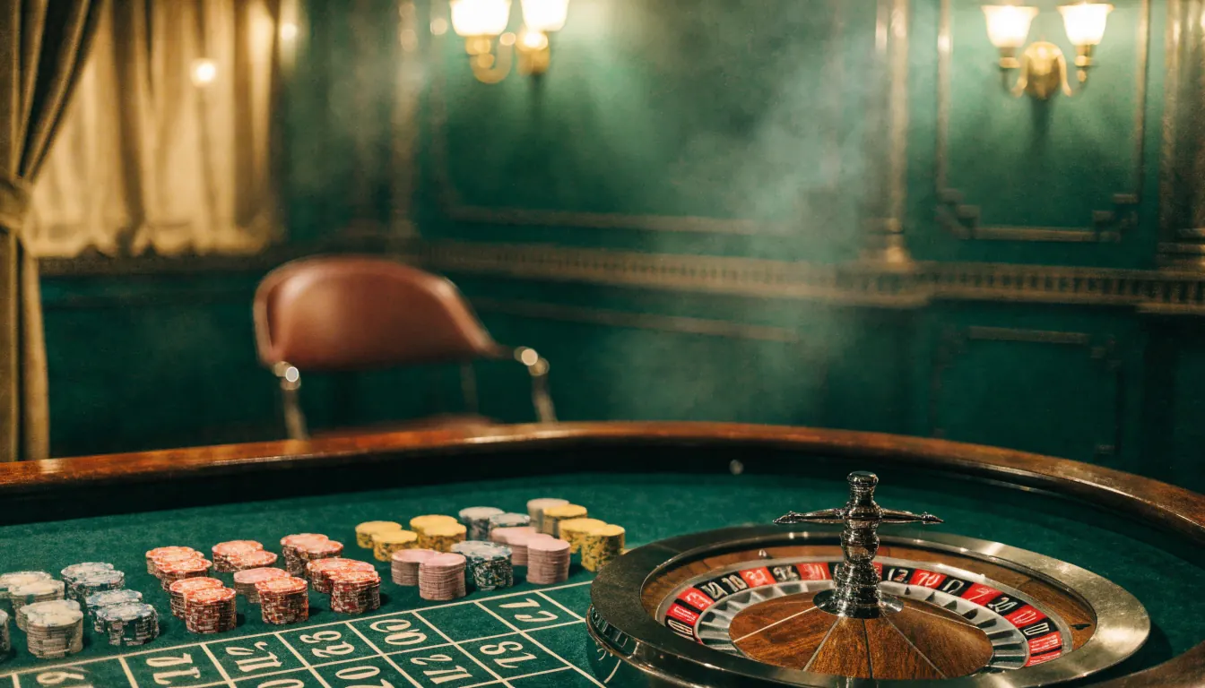Elegant British casino lounge with a roulette table and stacked chips