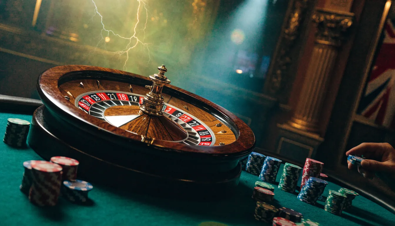 Lightning roulette wheel on casino table with chips in UK studio