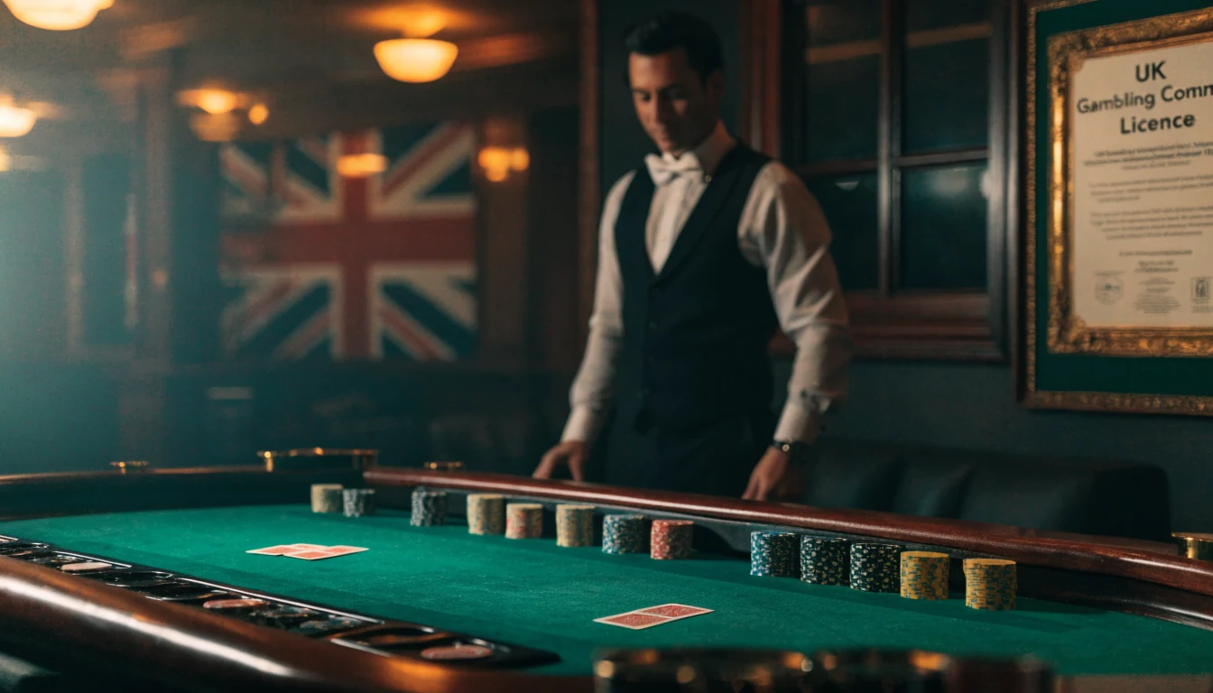 Elegant UK live baccarat studio with dealer, green felt table, and licence certificate on wall