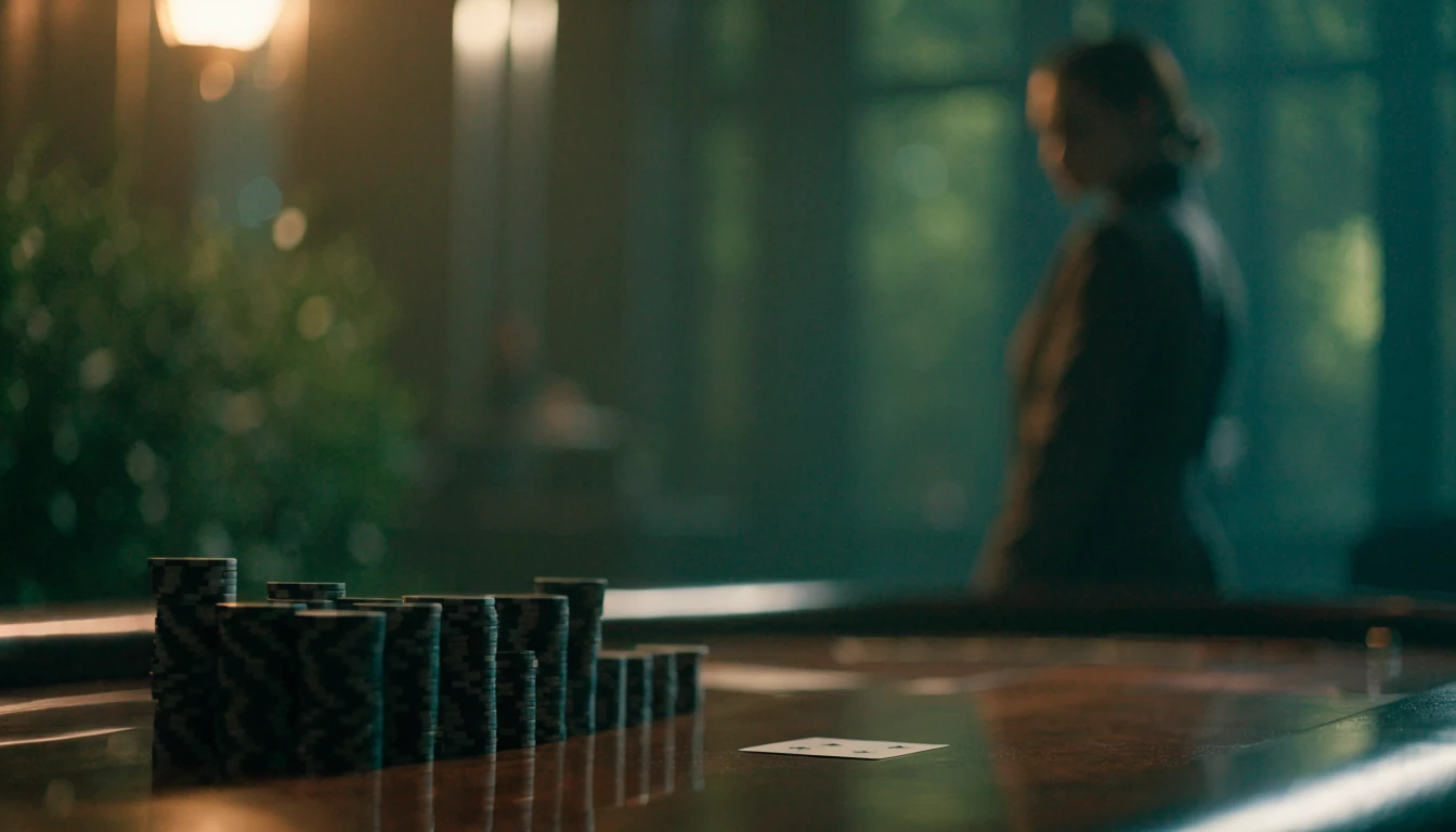 Live blackjack studio with chips and croupier silhouette in UK casino setting