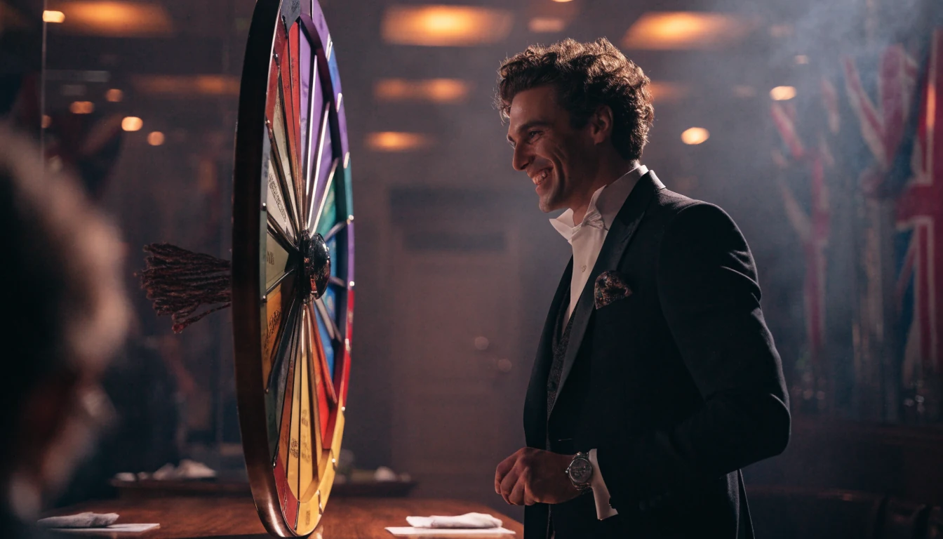 Live casino presenter beside a large Dream Catcher money wheel in a UK studio.