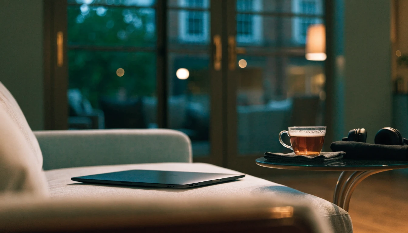 Cozy British living room at dusk with closed laptop, tea, and warm lamplight