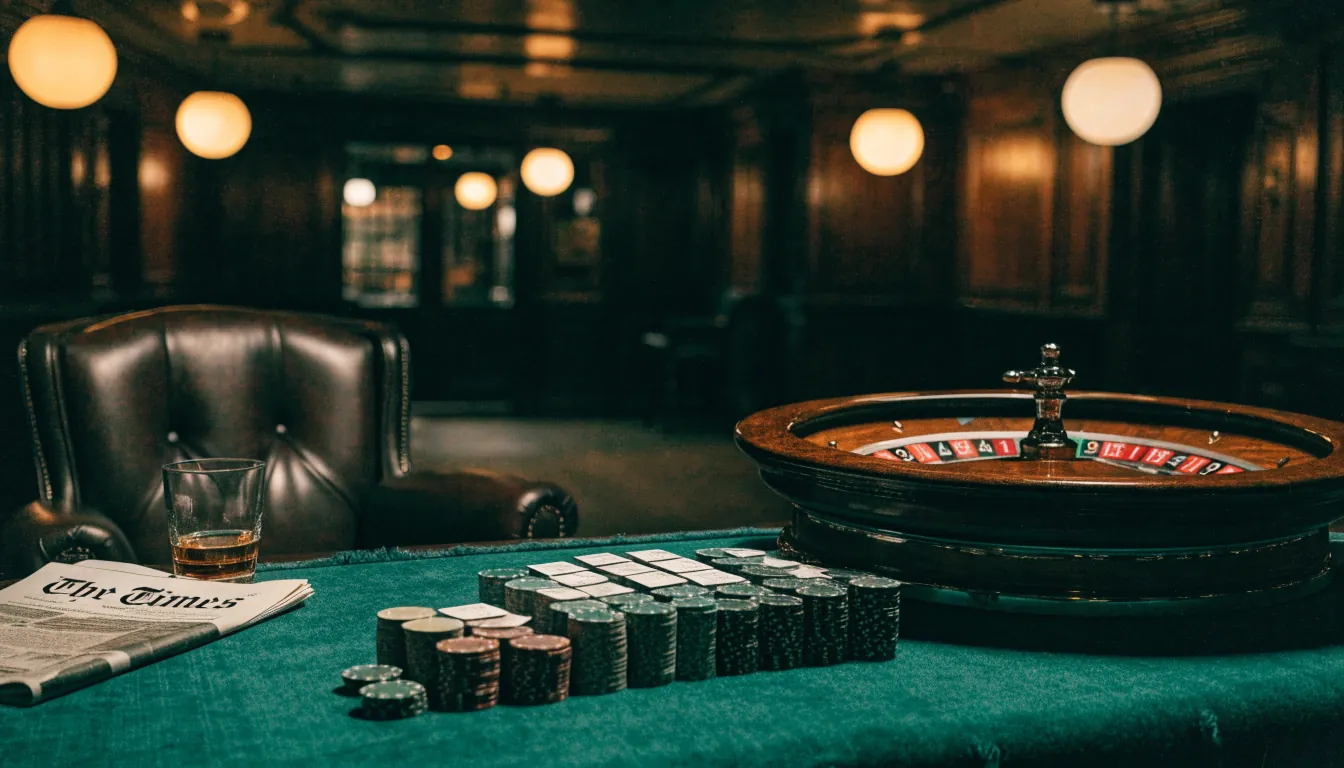 Atmospheric British casino interior with chips, roulette wheel and whisky glass
